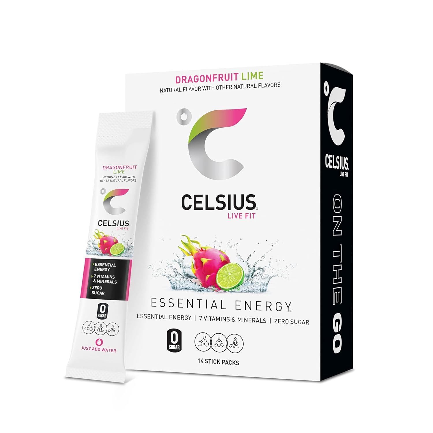  CELSIUS® On The Go Powder Sticks Dragonfruit Lime, Essential Energy 2.8 Oz (14 Sticks Per Pack)